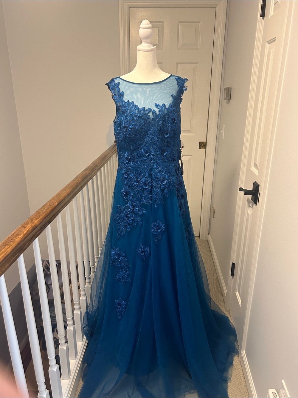 Elegant Teal Blue Appliqué Evening Gown
